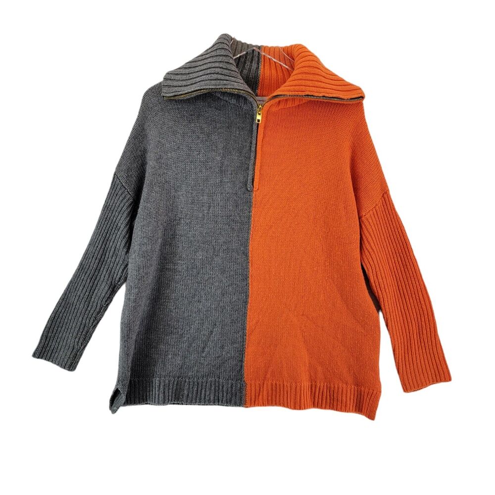 525 America Sweater Womens Medium Colorblock Orange Gray 1/4 Zip‎ Wool Cashmere